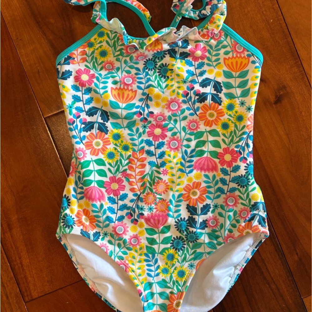 Hanna Andersson Girls' Floral One-Piece Swimsuit - Teal, Pink, Yellow, Orange